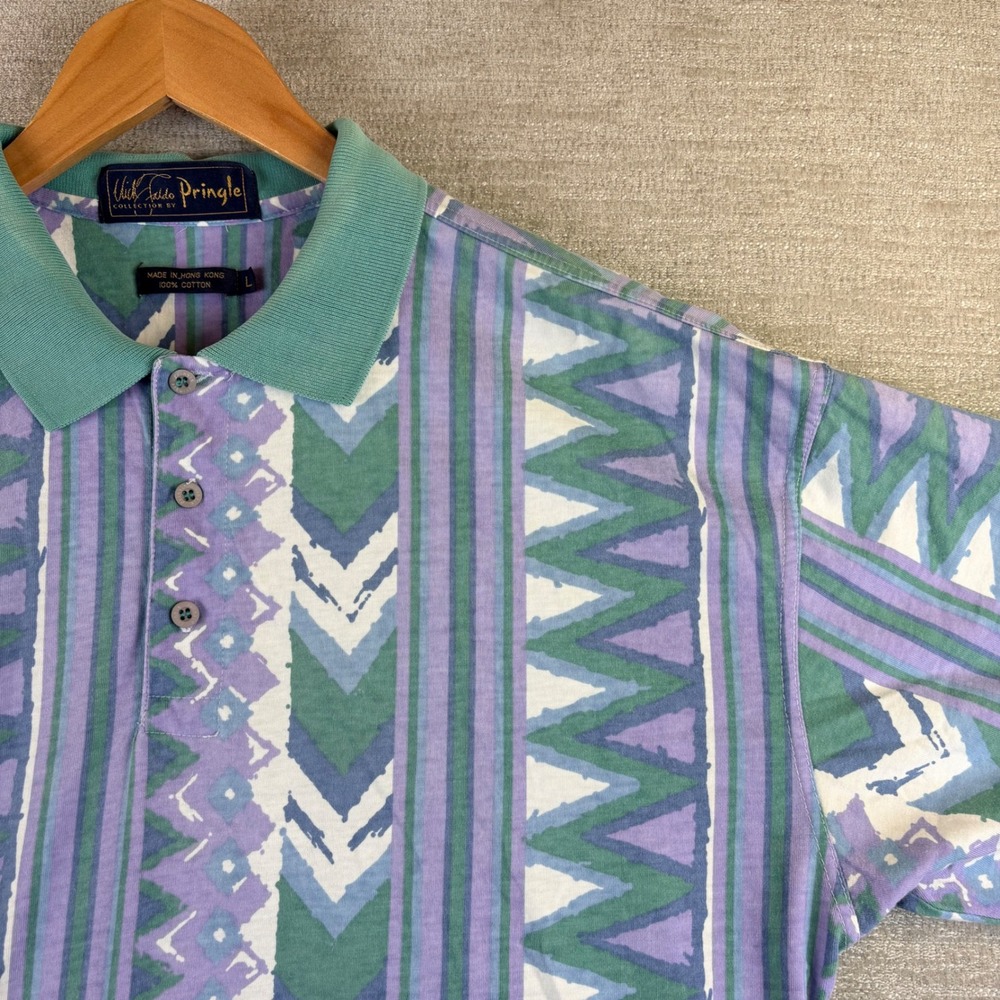 Nick Faldo Pringle VTG 90s Googi Style Abstract Striped Golf Polo LG Hong Kong